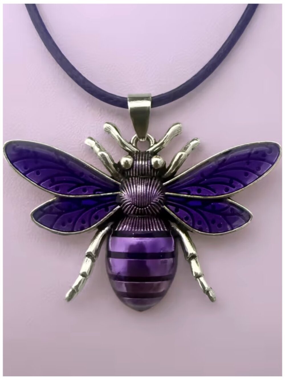 Bold Gradient Purple Bee Pendant Necklace Enamel Wings & Body Silver Alloy Satin